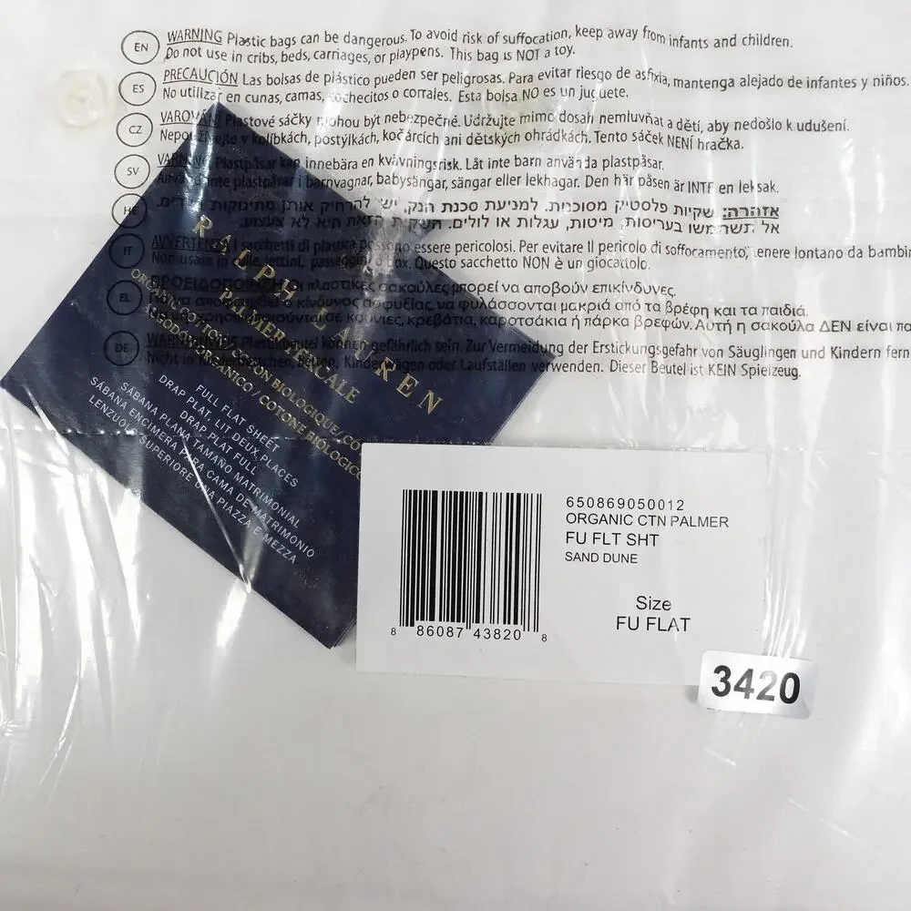 New Ralph Lauren Organic Cotton Percale Palmer Full Flat Sheet White/Sand Dune